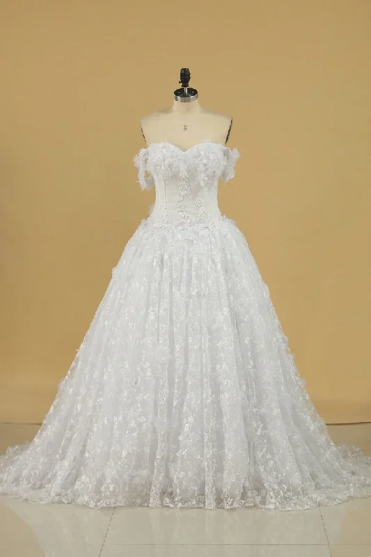 Tulle Off The Shoulder A Line Wedding Dresses With Applique Sweep Train Tunics Travel practical