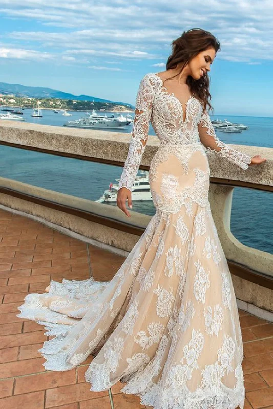 Tulle Scoop Long Sleeves With Applique Mermaid Wedding Dresses Tunics Seasonal trendy