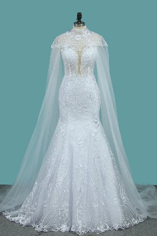 Tulle Scoop Wedding Dresses Mermaid With Applique Chapel Train Tunics New arrival