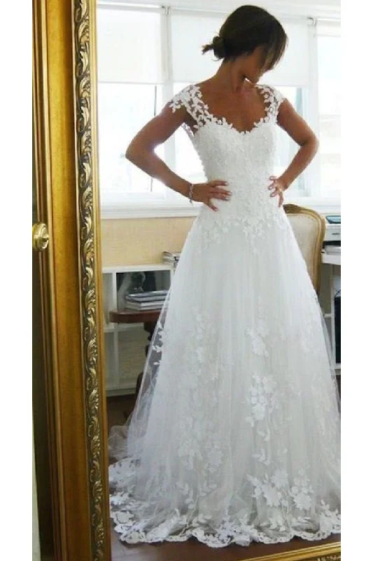 Tulle Straps With Applique A Line Sweep Train Wedding Dresses Tunics Chic fashionable