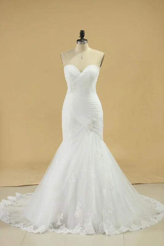 Tulle Sweetheart Ruched Bodice Wedding Dresses With Applique Mermaid Tunics Trendy modern