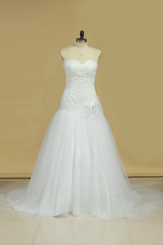 Tulle Sweetheart With Applique Wedding Dresses A Line Sweep Train Tunics Luxurious high-end