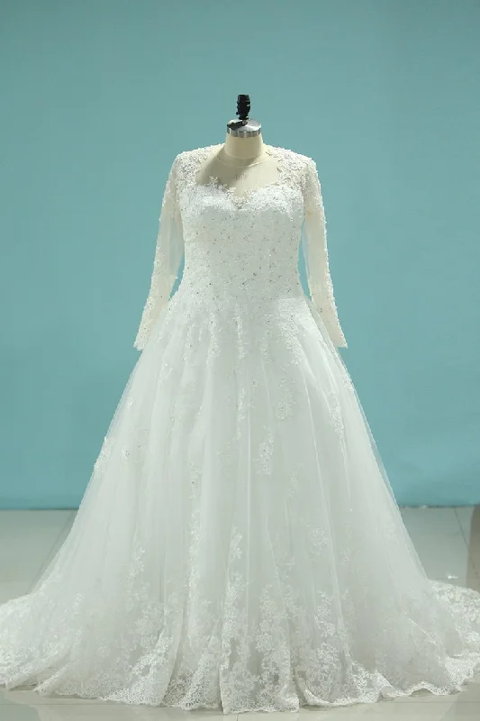 Tulle V Neck Long Sleeves Wedding Dresses A Line With Applique Floral Print girly