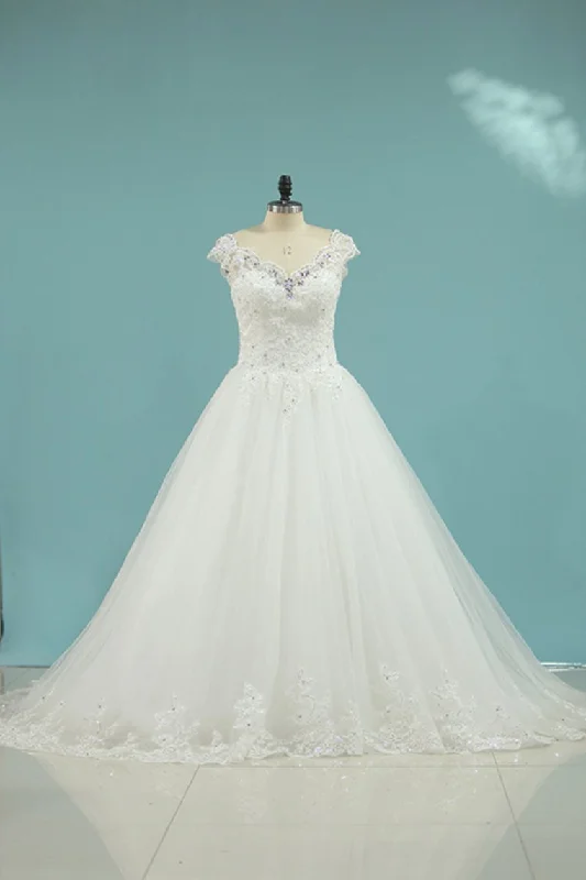 Tulle Wedding Dresses A Line Off The Shoulder With Applique And Beads Boatneck Modish Everyday