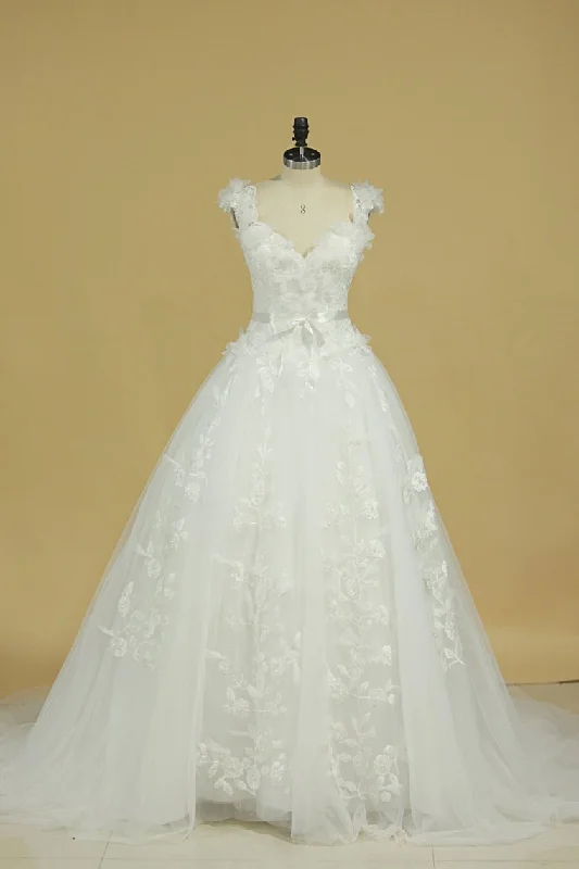 Tulle Wedding Dresses Off The Shoulder With Applique Sweep Train A Line Tunics Short Trendy