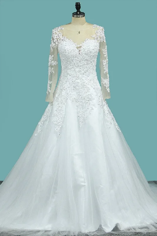 Tulle Wedding Dresses Scoop Long Sleeves A Line With Applique Court Train Tunics Solid Classic