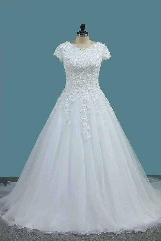 Tulle Wedding Dresses V Neck Short Sleeves With Applique Court Train Tunics Mesh breathable