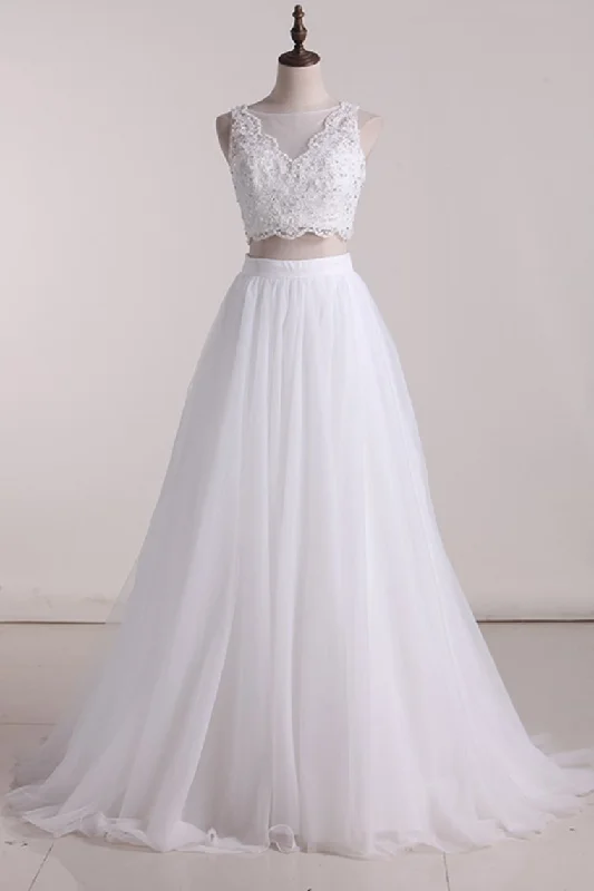 Two-Piece Scoop A Line Wedding Dresses Tulle With Applique Tunics Distressed trendy