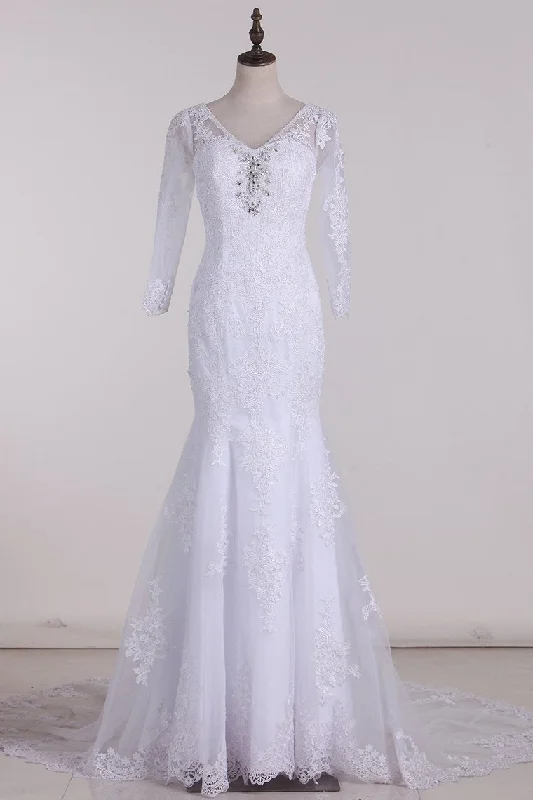 V-Neck 3/4 Length Sleeve Wedding Dresses Mermaid Tulle With Beads And Applique Court Train Tunics Print Colorful