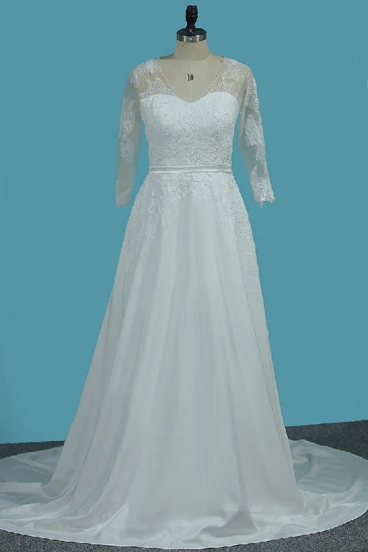 V Neck 3/4 Length Sleeves Chiffon Wedding Dresses With Applique A Line Tunics Running lightweight