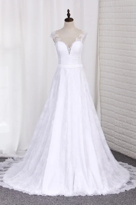 V Neck A Line Wedding Dresses Lace With Sash Court Train Tunics Evening elegant