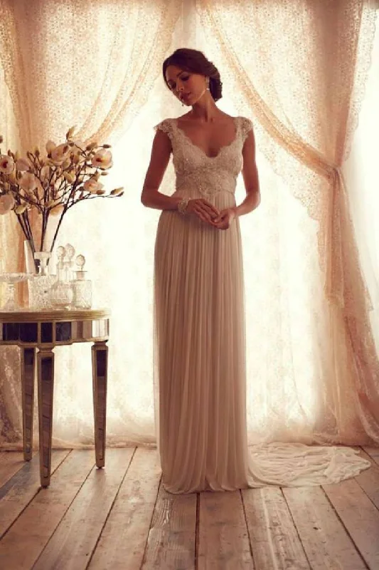 V Neck Cap Sleeves Wedding Dresses Chiffon Floor Length With Applique Backless Tunics Ceremony elegant