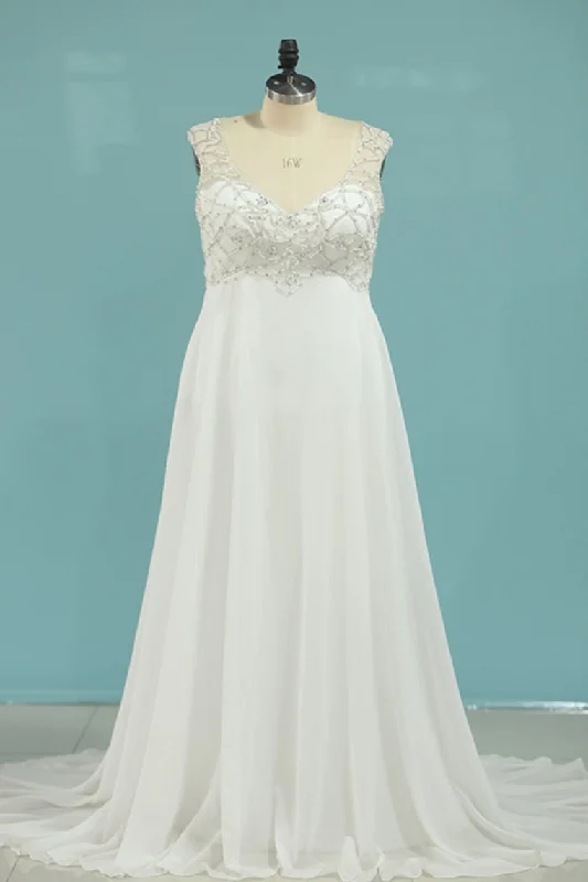 V Neck Chiffon With Beads A Line Court Train Wedding Dresses Tunics Occasion special