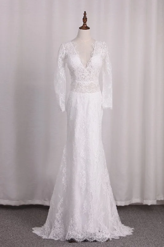 V Neck Long Sleeves Lace Mermaid Wedding Dresses Open Back Sweep Train Tunics Sale discount