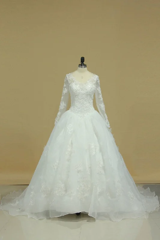 V Neck Long Sleeves Wedding Dresses With Applique Organza Open Back Tunics Bestseller popular