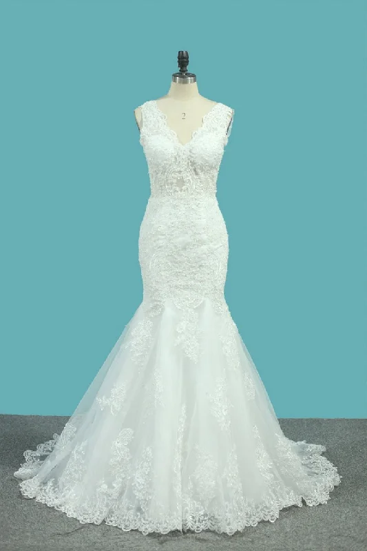 V Neck Mermaid Wedding Dresses Tulle With Applique And Beads Court Train Tunics Timeless classic