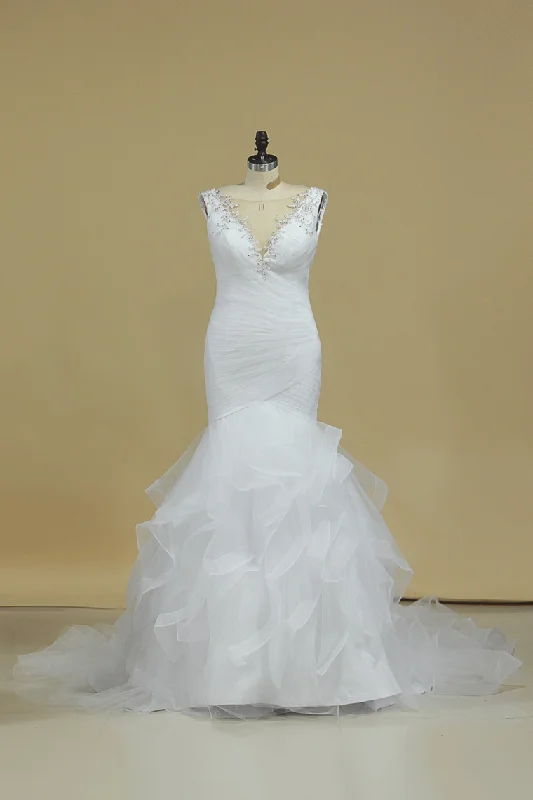 V Neck Mermaid Wedding Dresses Tulle With Applique And Ruffles Chapel Train Tunics Luxurious premium