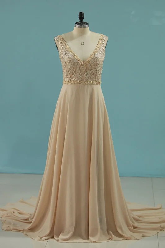 V Neck Wedding Dresses A Line Chiffon With Beads And Embroidery A-Line Day Work