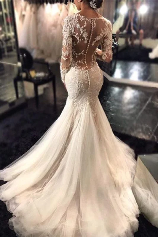 V Neck Wedding Dresses Mermaid/Trumpet With Applique And Beads Sweep Train Cowl Neckline Elegant