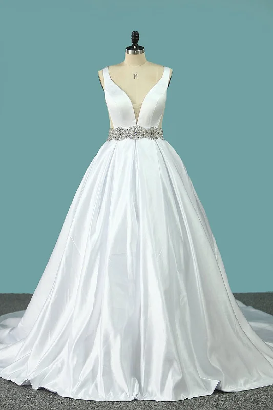 V Neck Wedding Dresses Open Back Satin A Line With Beading sweetheart Neckline Romantic