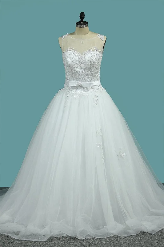 Wedding Dress A-Line Scoop Tulle With Applique And Sash Court Train Tunics Travel practical