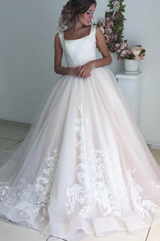 Wedding Dress Square Neck A Line Tulle Skirt With Appliques Pearls Tunics Prom sequined