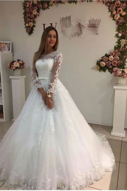 Wedding Dresses A-Line Bateau Court Train Long Sleeves Tulle With Applique Boatneck Modish Everyday