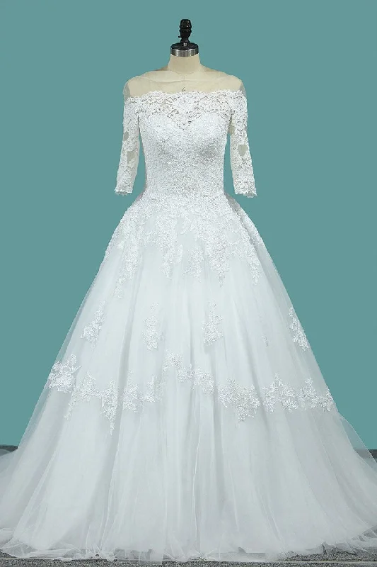 Wedding Dresses A Line Mid-Length Sleeves Tulle With Applique Tunics New arrival