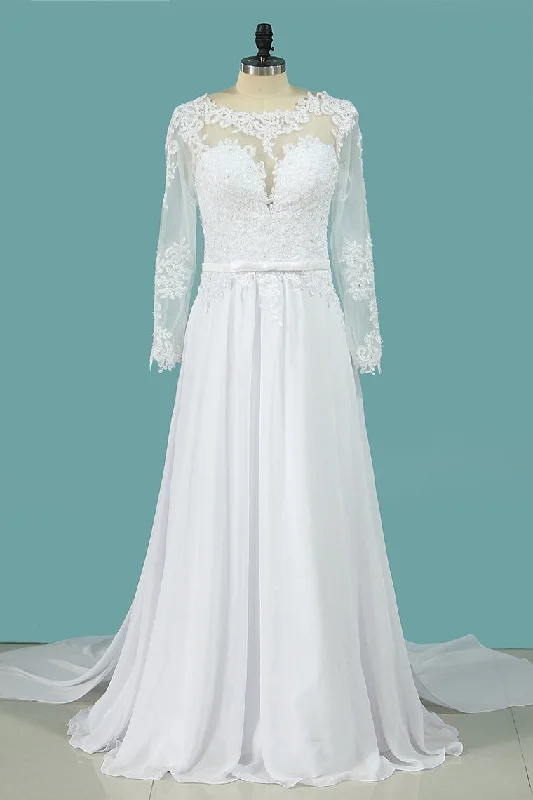 Wedding Dresses A Line Scoop Long Sleeves Chiffon With Applique Tunics Versatile stylish