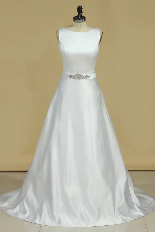 Wedding Dresses A Line Scoop Satin With Beads And Sash Tunics Stylish elegant