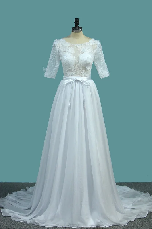 Wedding Dresses A Line Scoop With Sash And Handmade Flower Court Train Tunics Chic elegant