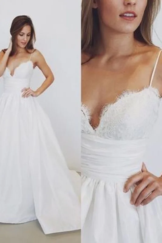 Wedding Dresses A-Line Spaghetti Straps With Lace And Pleated Bodice Satin Crew Neckline Sporty