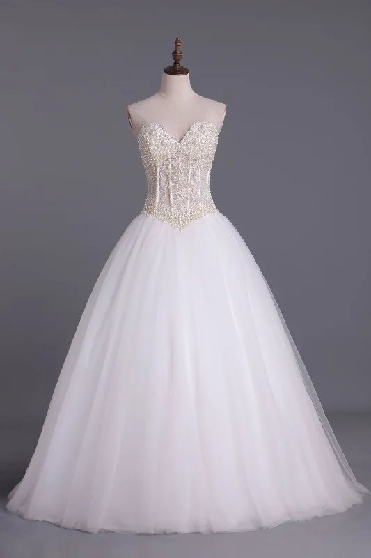 Wedding Dresses A-Line Sweetheart See Through Tulle With Pearls Lace Up Floor Length Turtleneck Neckline Stylish