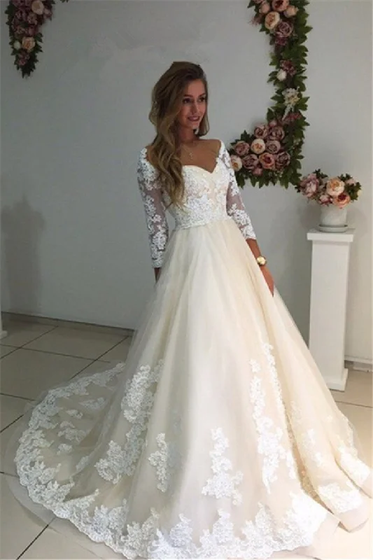 Wedding Dresses A Line V Neck 3/4 Length Sleeves Tulle With Applique Tunics Stylish elegant