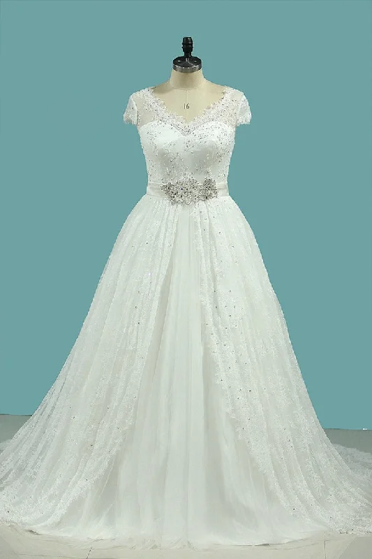 Wedding Dresses A Line V Neck Lace & Tulle With Sash Sweep Train Tunics Spring floral