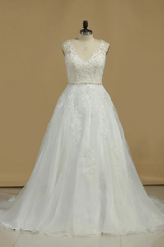 Wedding Dresses A Line V Neck Open Back Organza With Applique Court Train A-Line Day Work