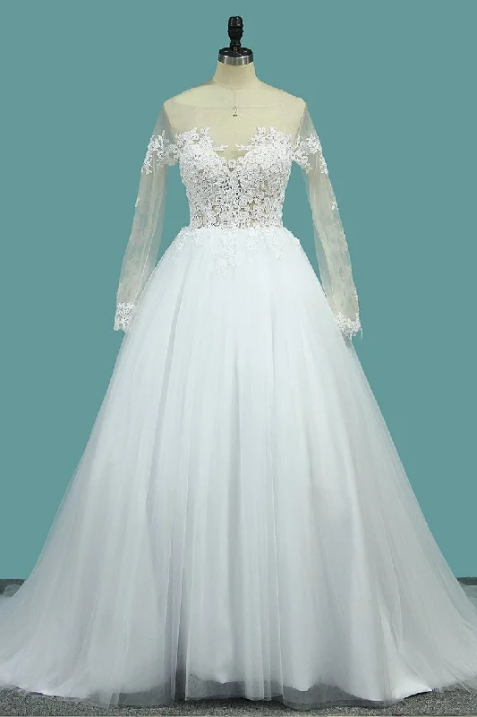 Wedding Dresses Bateau Long Sleeves A Line With Applique Tulle Open Back Tunics Polka dots