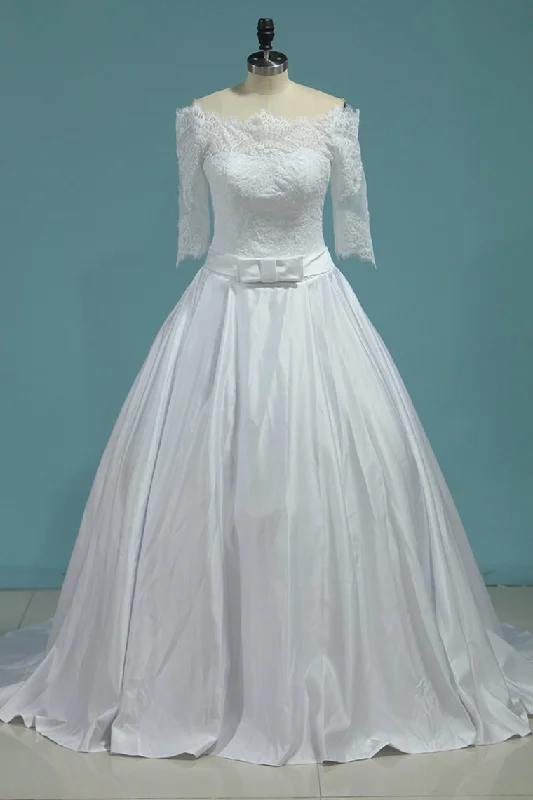 Wedding Dresses Boat Neck Satin With Applique And Sash A Line Tunics Canvas sturdy