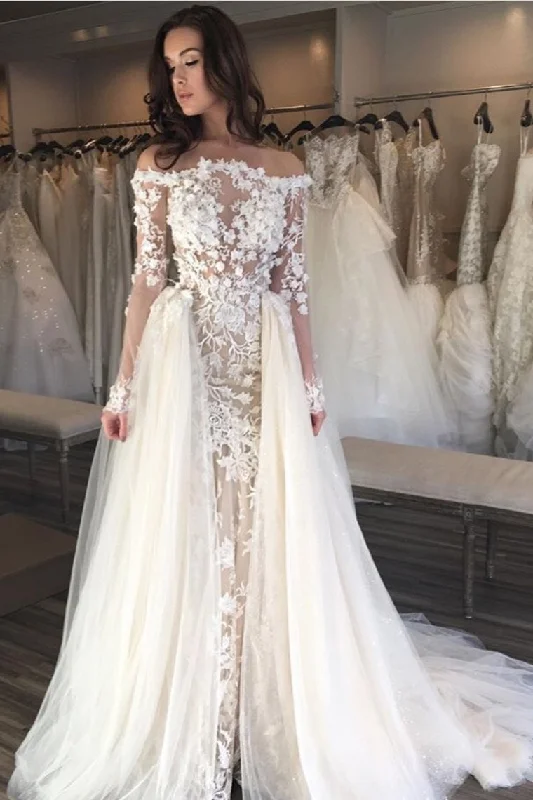 Wedding Dresses Boat Neck Sheath With Applique Long Sleeves Detachable Train Tunics Distressed trendy