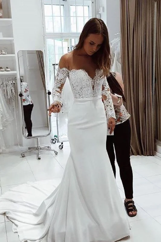 Wedding Dresses Mermaid Scoop Long Sleeves With Applique Satin Tunics Top rated