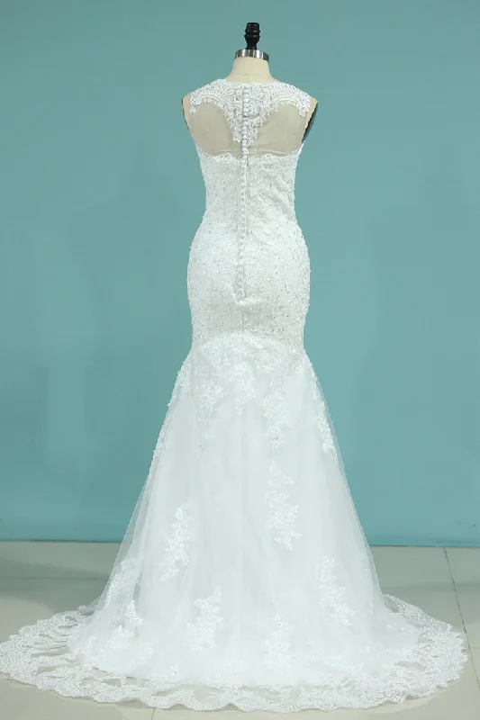 Wedding Dresses Mermaid Scoop Sweep Train Tulle With Applique Tunics Review highly