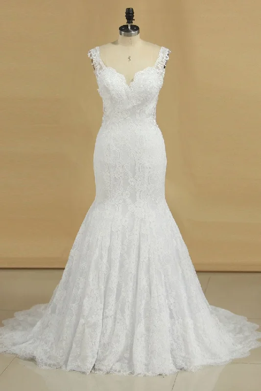 Wedding Dresses Mermaid Straps Lace With Applique Sweep Train Tunics Trendy modern