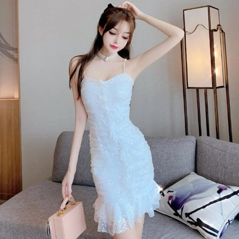 White Sequin Strapless Spaghetti Strap Dress Women Sexy Bright Party Mermaid Dresses Women Ruffles Mini Dress Sleeveless Tunics Hiking breathable