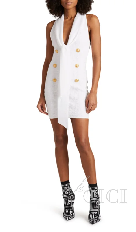 EVELYN JACQUARD MONOGRAM SHAWL-COLLAR MINI DRESS IN WHITE Tunics Designer luxury