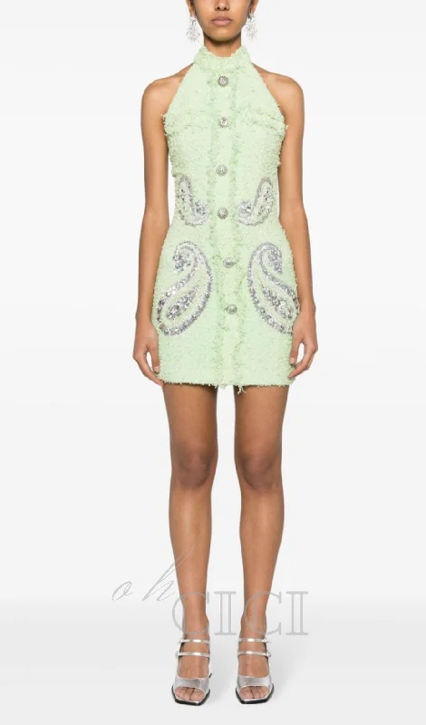 GEMMA PAISLEY-EMBELLISHED TWEED MINI DRESS IN GREEN Off-the-shoulder Chic Trendy