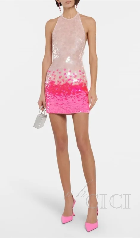 GISELLE PINK HALTER GRADIENT SEQUINS MINI DRESS Tunics Long Elegant