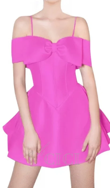 HULDA BOW EMBELLISHED STRAP MINI DRESS IN HOT PINK Tunics Stylish modern