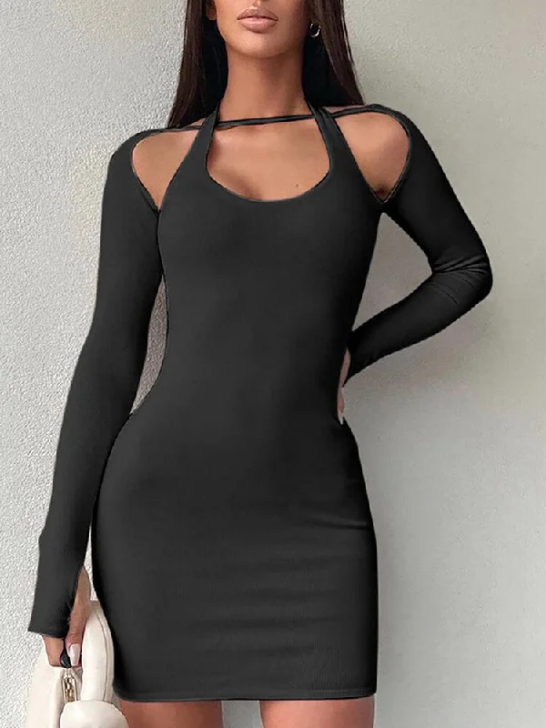 Long Sleeve Halter Neck Cutout Bodycon Mini Dresses Tunics Velvet soft