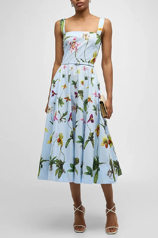 Orchids Belted Midi Tank Dress Elegant Long Evening