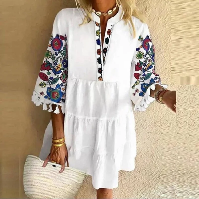 Plus Size 5XL Floral Print Boho Dress Women Tassle Sleeved White Mini A-Lline Dress Autumn New Sweet Bohemian Loose Dresses Tunics Ceremony elegant